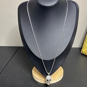 Silver Rhinestone Skull Stainless Steel Articulated Pendant Necklace